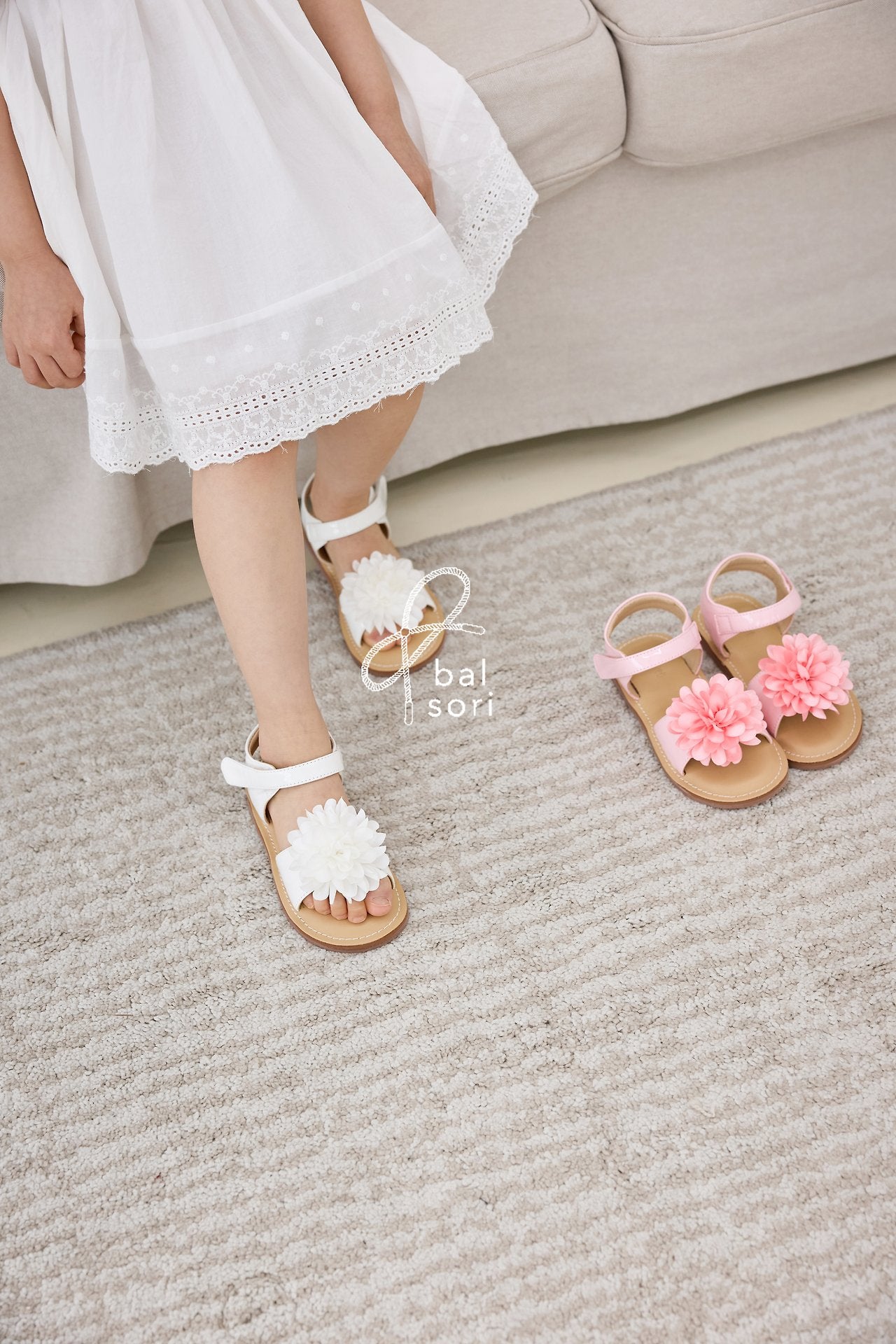 BB471 Shine Flower Sandals Korean toddler shoes in white made in Korea