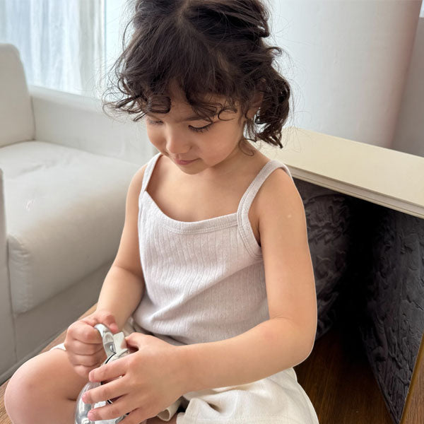 Eyelet Ribbed Spaghetti Strap Top Korean toddler tops in ivory made in Korea