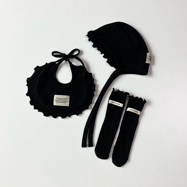Black Ruffle Bib Korean infant accessory in black made in Korea