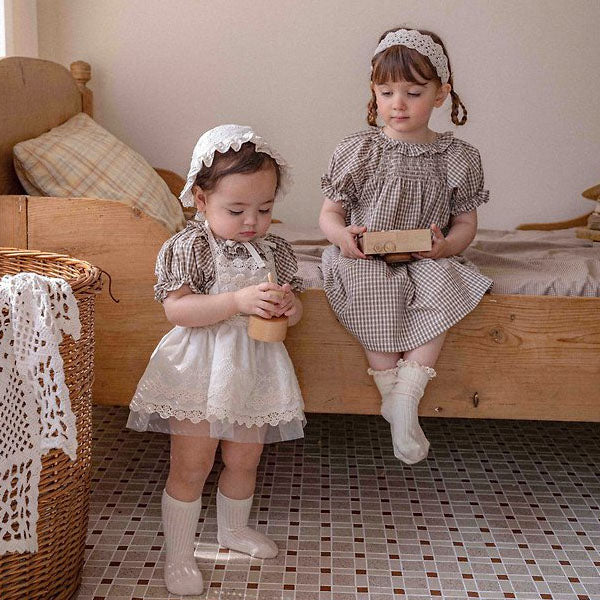 Kids French Check Smocked Dress Korean toddler dress in green check made in Korea