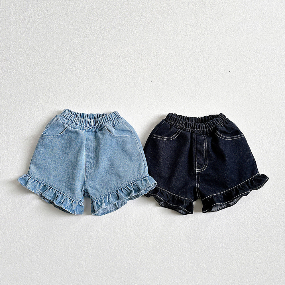 Ruffle Non-Fade Denim Shorts Korean toddler shorts in light denim made in Korea