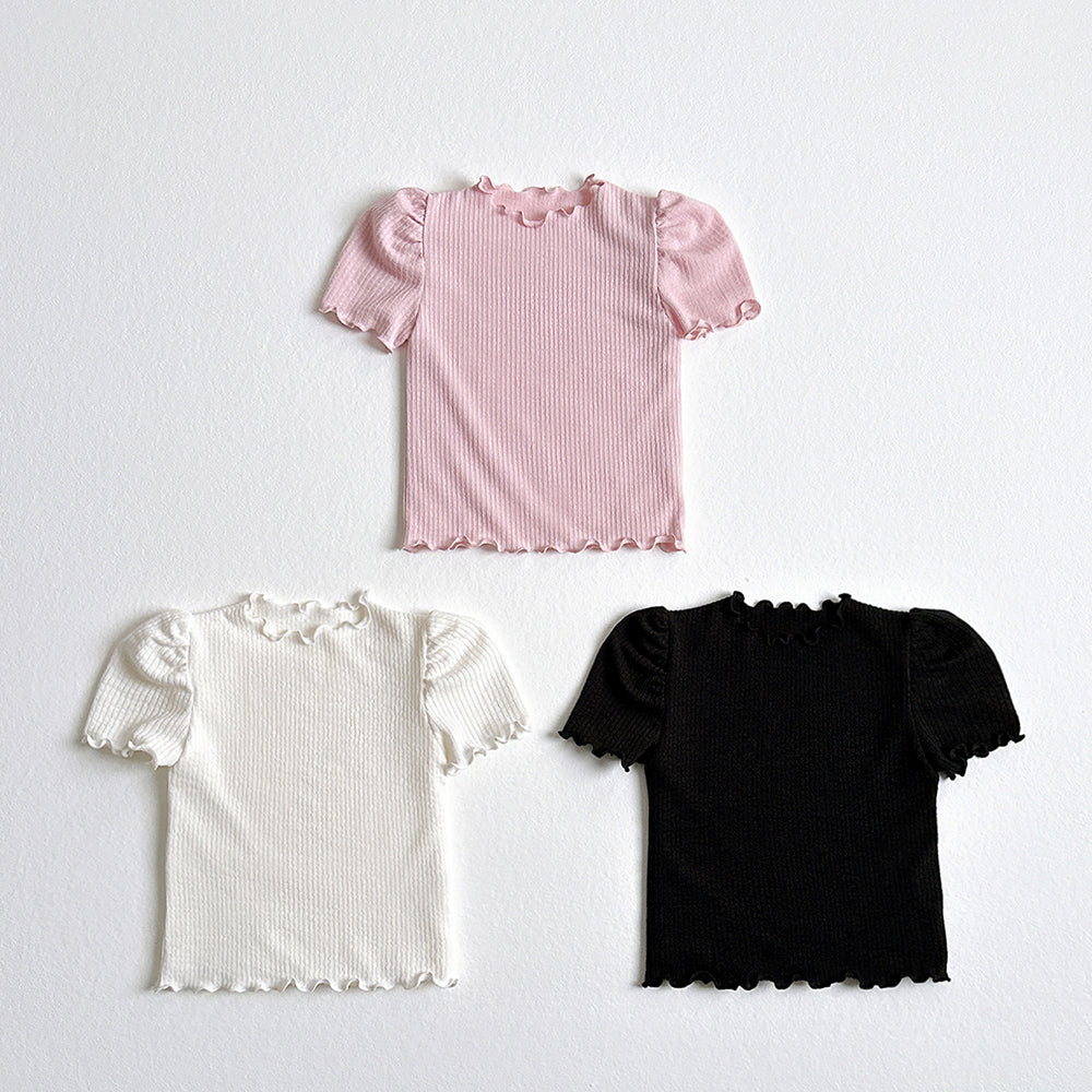 Shirred Puff Lettuce-Edge Tee Korean toddler t-shirt in ivory made in Korea