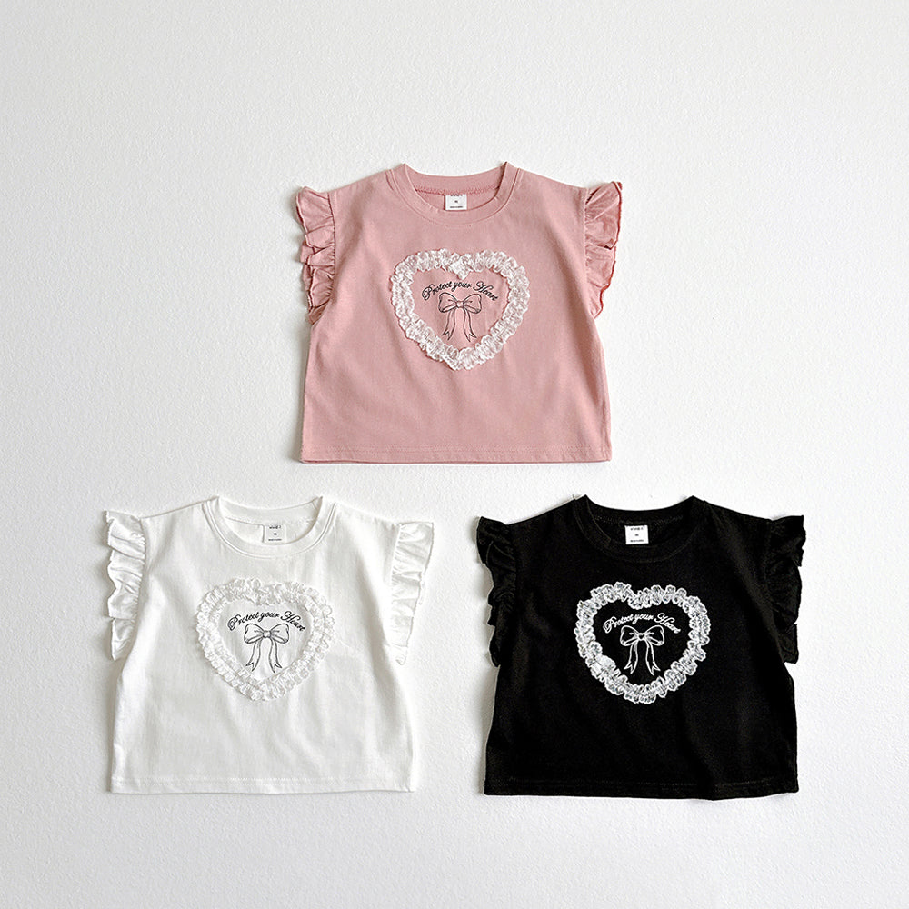 Lace Heart Ruffle Tee Korean toddler t-shirt in ivory made in Korea