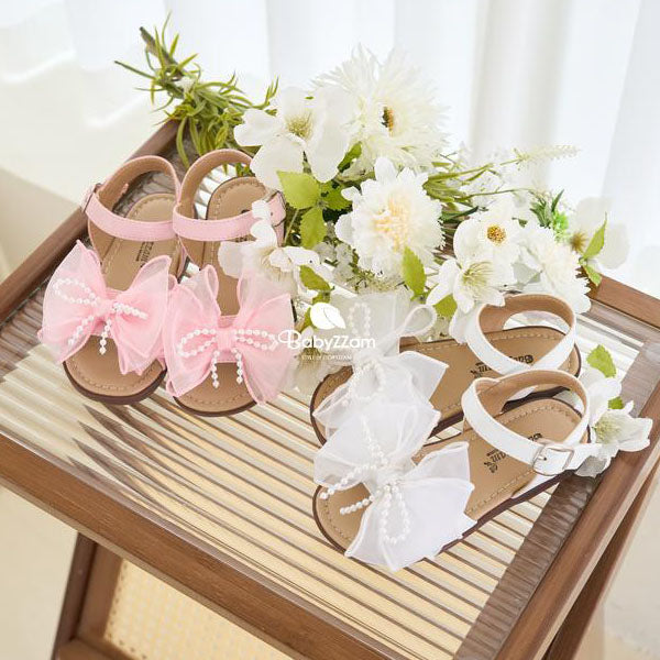 Y967 Double Ribbon Sandals Korean infant shoes in white made in Korea