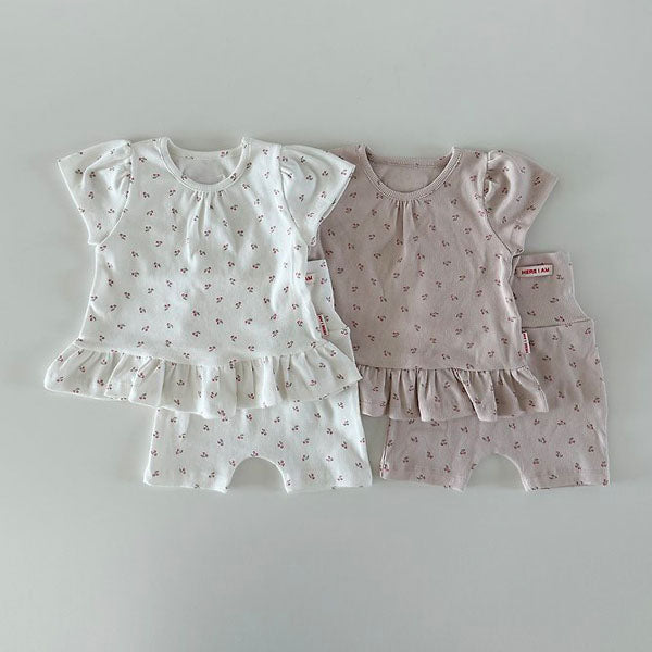 Cherry Ruffle Loungewear Korean infant loungewear in ivory made in Korea