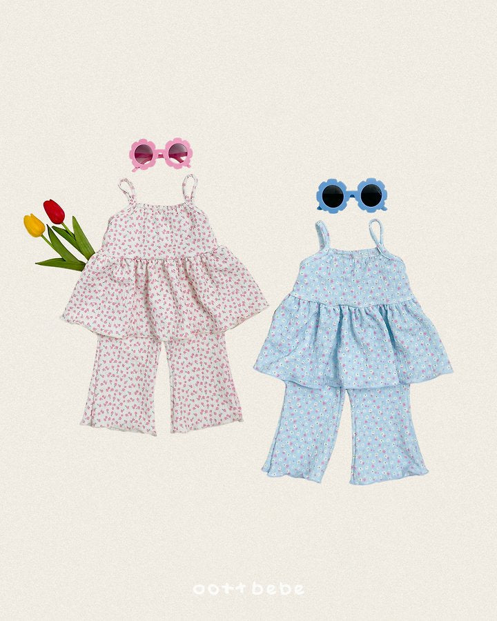 Peach Flower Tank Top Set Korean toddler set in blue made in Korea