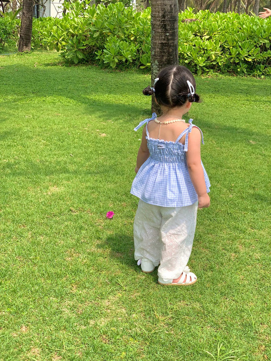 Smocked Check Top Korean toddler tops in light pink made in Korea