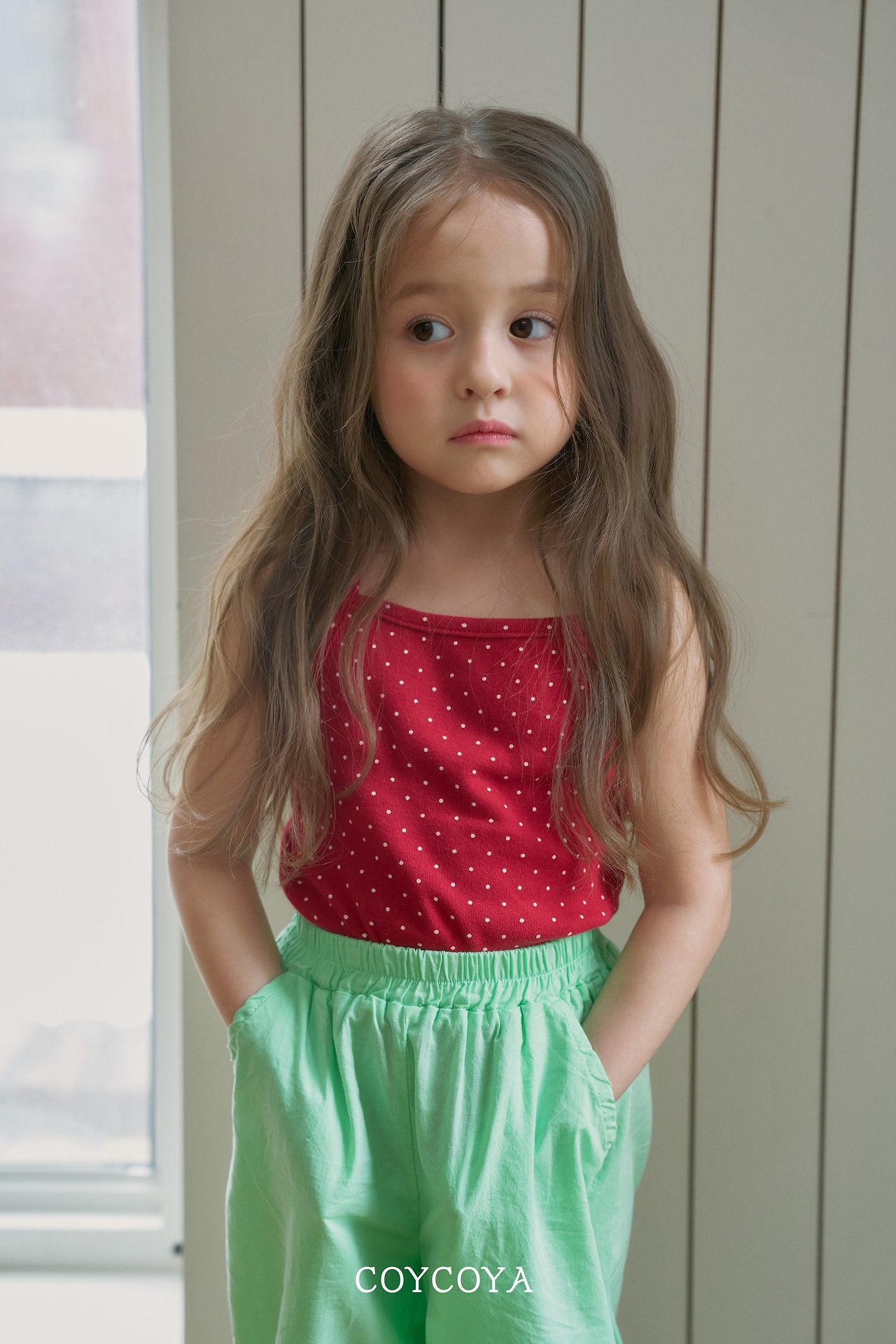 Polka Dot Spaghetti Strap Top Korean toddler tops in tomato made in Korea
