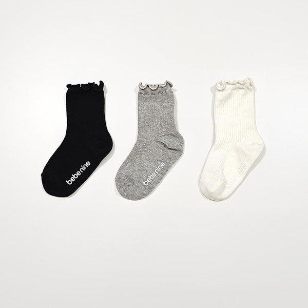 Nine Ruffle Knee-High Socks Set Korean kids accessory in 3-piece set made in Korea