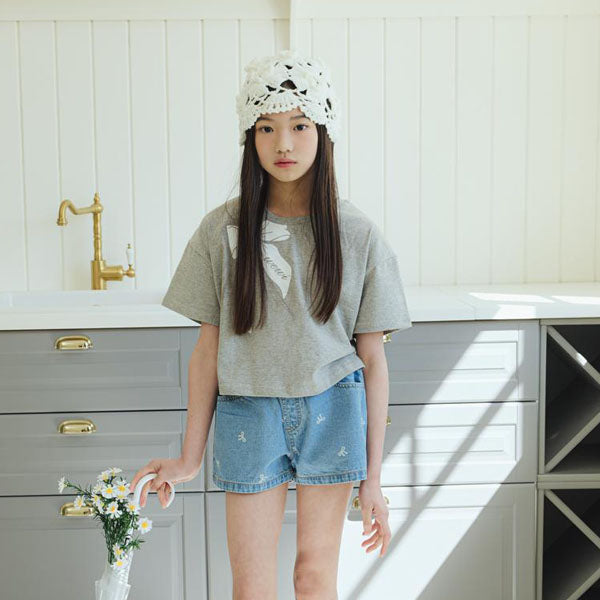 T11 Ribbon Half-Crop T-Shirt Korean toddler t-shirt in blue made in Korea