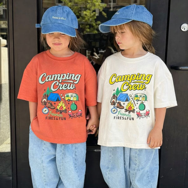 Camping Crew Tee Korean toddler t-shirt in coral orange made in Korea