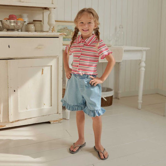 Ruffle 5-Length Denim Pants Korean toddler pants in medium blue made in Korea