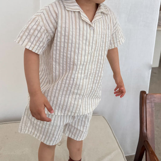 Stripe Open Shirt Set-Up Korean toddler set in beige made in Korea