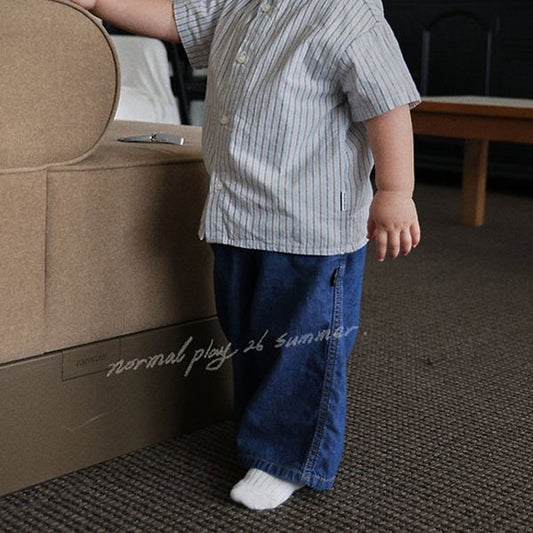 3/4-Length Wide Denim Korean infant pants in blue denim made in Korea