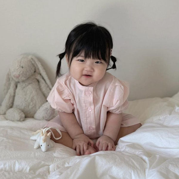 Linen Puff Romper Korean infant romper in pink made in Korea