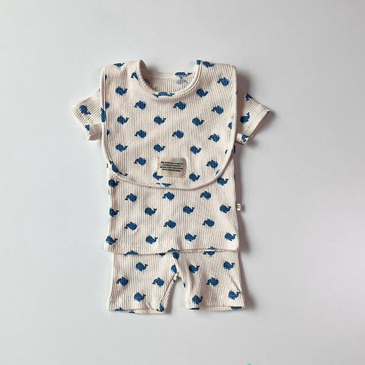 Blue Whale Short Sleeve Set-Up Korean infant set in ivory made in Korea