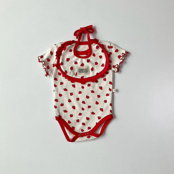 Eyelet Strawberry Short Sleeve Bodysuit Korean infant bodysuit in cream made in Korea