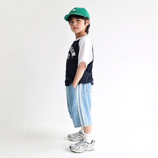 Washed Double-Line Denim Korean toddler pants in one color made in Korea