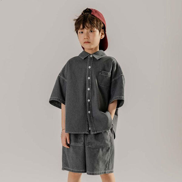 Basic Denim Short Sleeve Shirt Korean toddler shirt in blue denim made in Korea