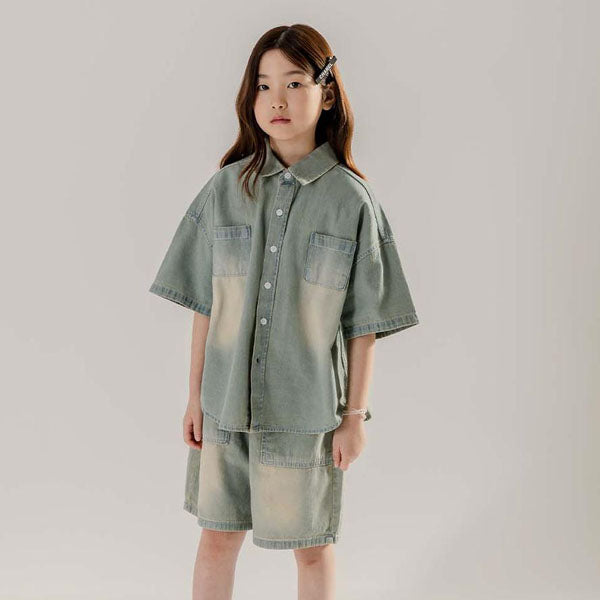 Brushed Denim Short Sleeve Shirt Korean toddler shirt in medium blue made in Korea
