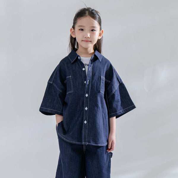 Non-Fade Denim Short Sleeve Shirt Korean toddler shirt in blue denim made in Korea