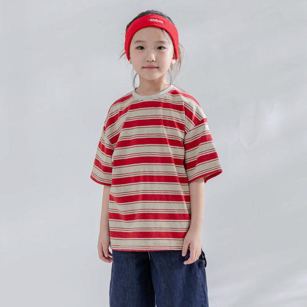 Summer Dyed Stripe Short Sleeve Tee Korean toddler t-shirt in beige made in Korea