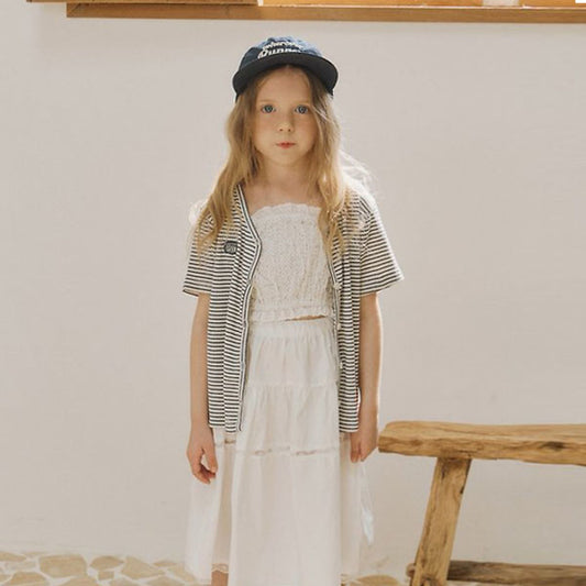 Ribbed Short Sleeve Cardigan Korean toddler sweater in ivory made in Korea
