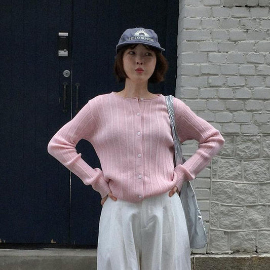 Wiggly Ribbed Cardigan Mom Korean kids sweater in pink made in Korea
