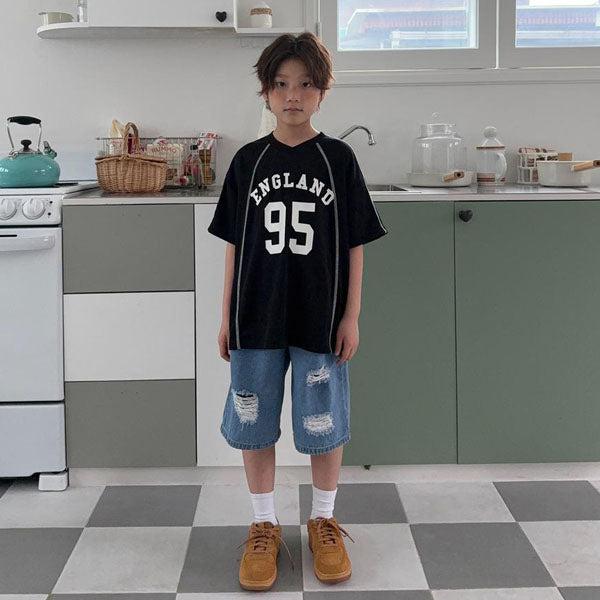 Summer Distressed Bermuda Pants Korean toddler pants in medium blue made in Korea