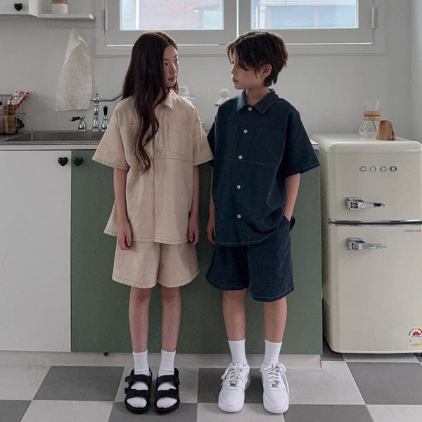 Stitch Linen Shirt Set Korean toddler set in beige made in Korea