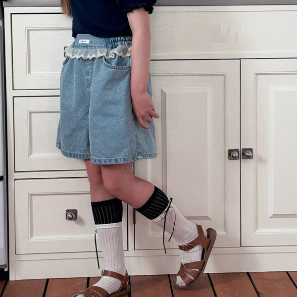 Lara Lace Denim Shorts Korean toddler shorts in solid color made in Korea