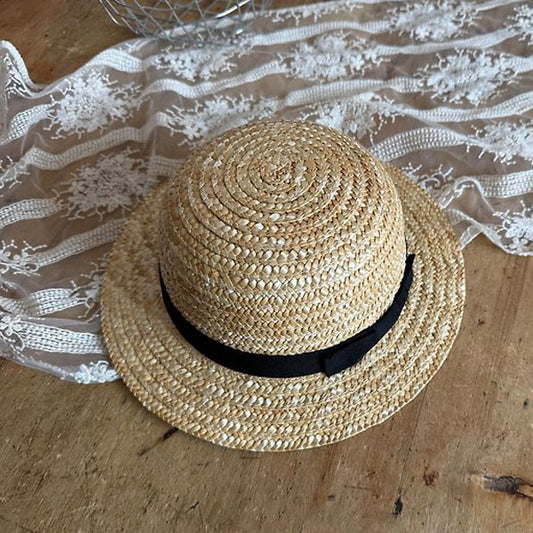 Ribbon Tie Straw Hat Korean kids accessory in beige made in Korea