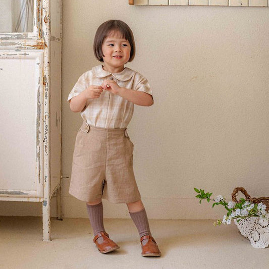 Bebe Oliver Check Top & Bottom Set Korean infant set in brown check-blue made in Korea
