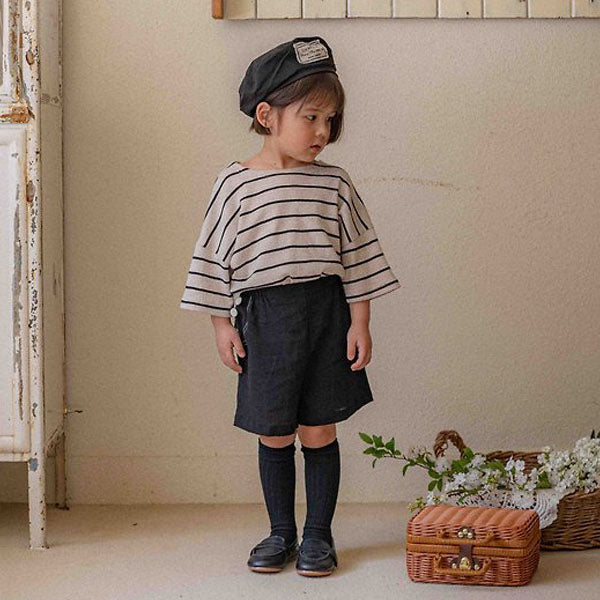Bebe Claire Stripe Top & Bottom Set Korean infant set in oatmeal-navy stripe made in Korea
