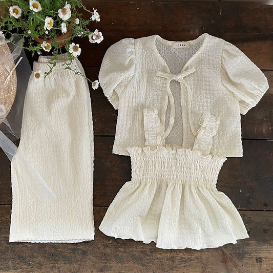 Mom Vienna 3-Piece Top & Bottom Set Korean kids set in cream made in Korea
