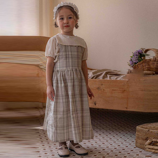 Kids Blair Dress Korean toddler dress in ivory base-brown check made in Korea