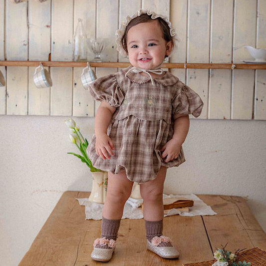 Bebe Deux Embroidered Check Bodysuit Korean infant bodysuit in pink check made in Korea