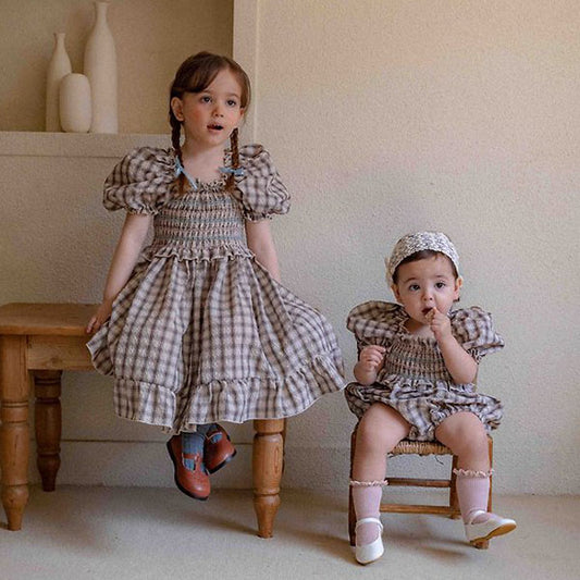 Kids Noe Smocked Dress Korean toddler dress in brown check made in Korea