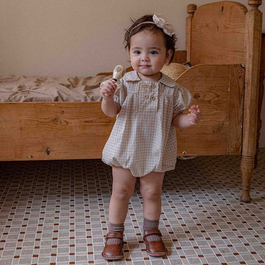 Noah Double Bodysuit Korean infant bodysuit in beige check-deep beige contrast made in Korea