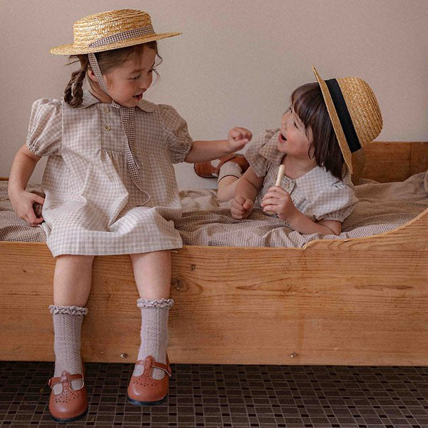 Bebe Noah Double-Button Dress Korean infant dress in beige check-deep beige contrast made in Korea