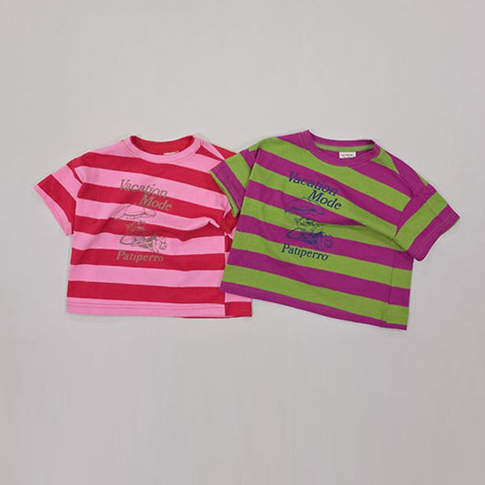 Vacation Stripe Short Sleeve Tee Korean toddler t-shirt in pink made in Korea