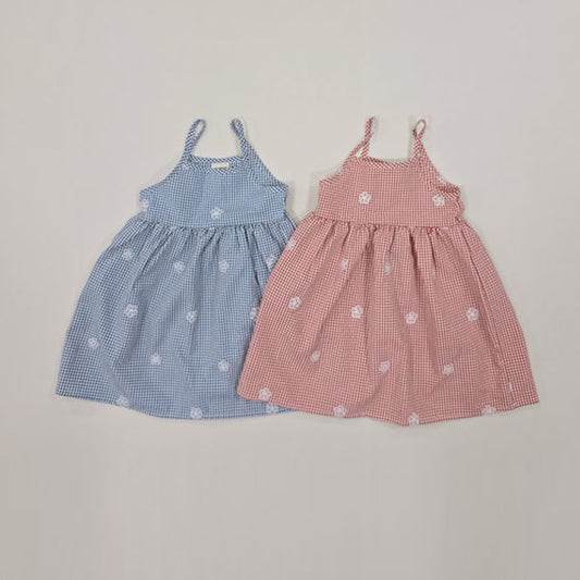 Floral Check Spaghetti Strap Dress Korean toddler dress in blue made in Korea