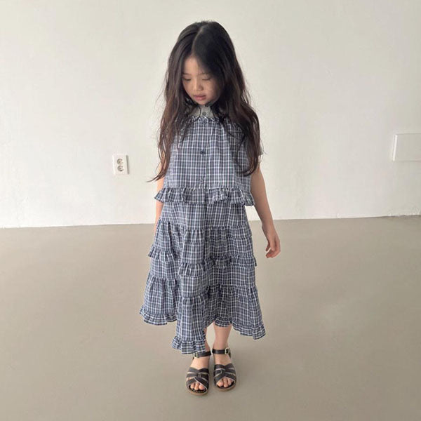 4-Tiered Skirt - Blue Check Korean toddler skirt in blue check made in Korea