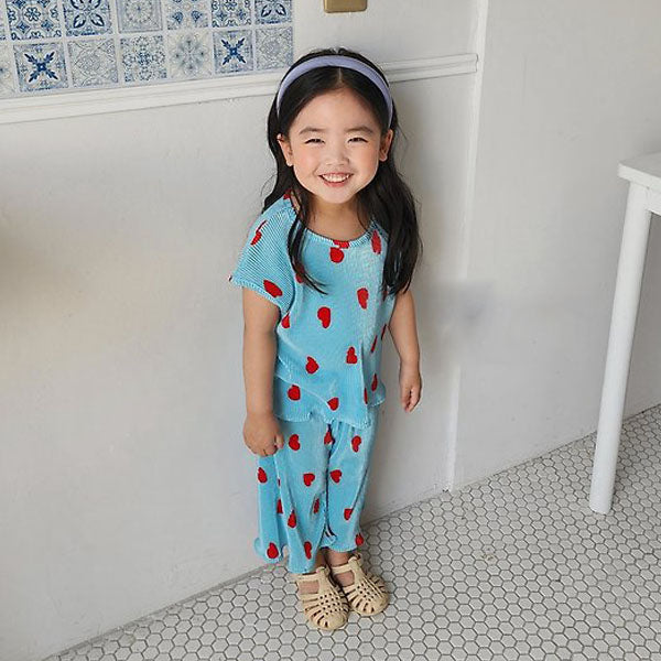 Pleated Printed Set Korean toddler set in heart pink made in Korea