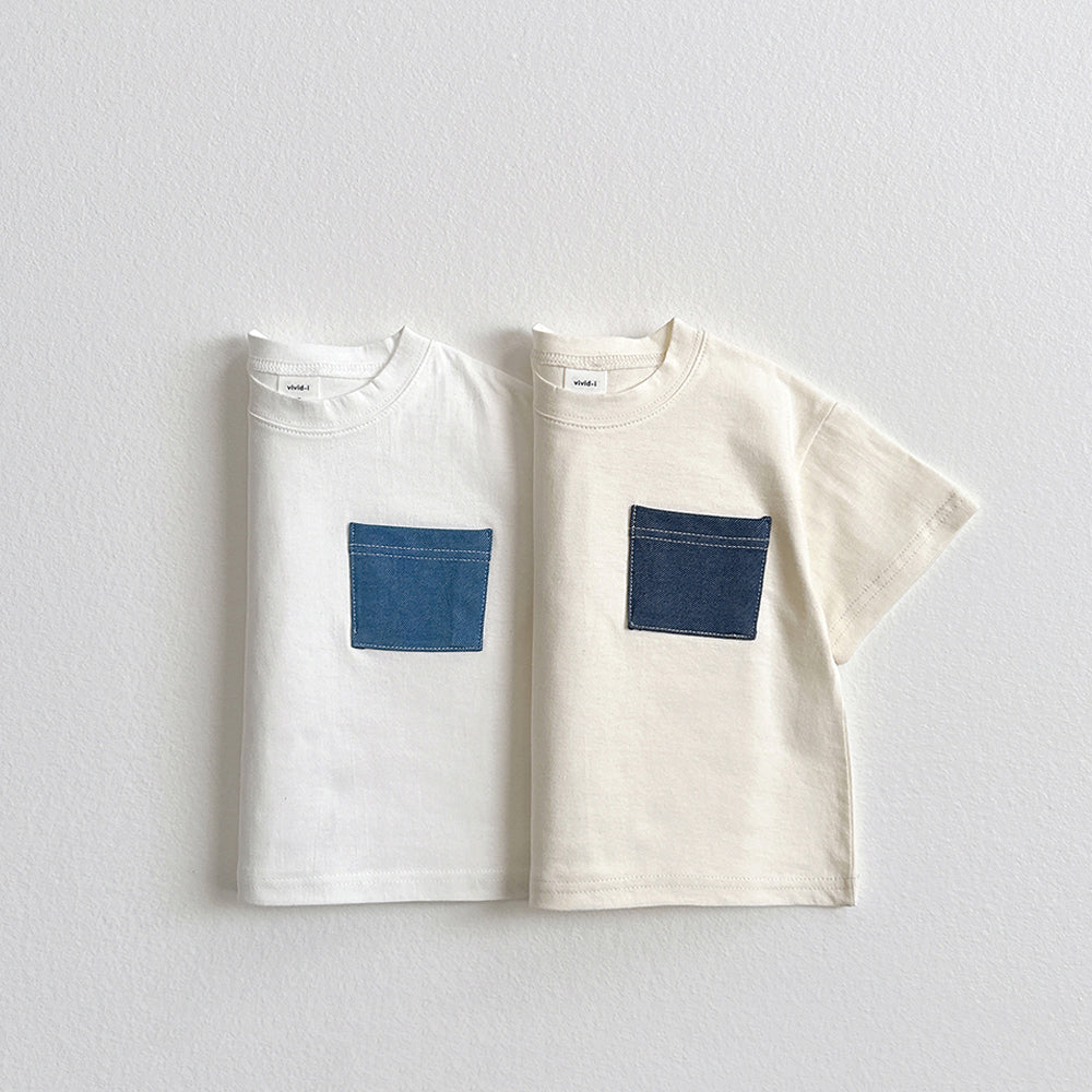 Pocket Denim Short Sleeve Tee Korean toddler t-shirt in ivory made in Korea