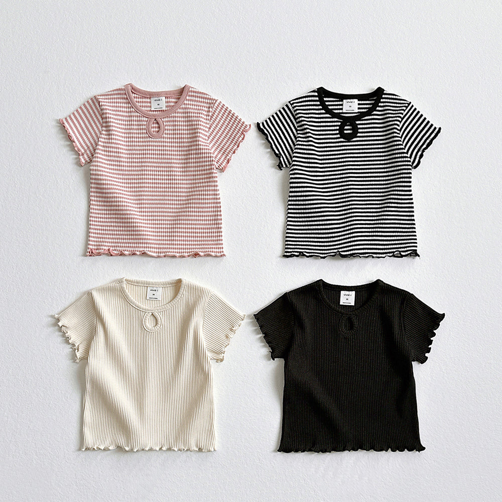 Lettuce-Edge Hole Short Sleeve Tee Korean toddler t-shirt in black stripe made in Korea