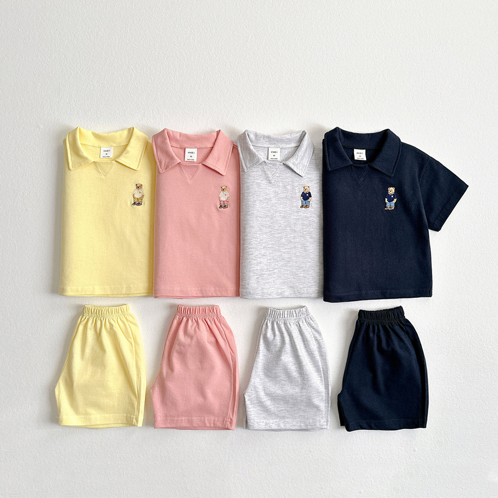 Collar Bear Embroidered Top & Bottom Set Korean toddler set in light heather made in Korea