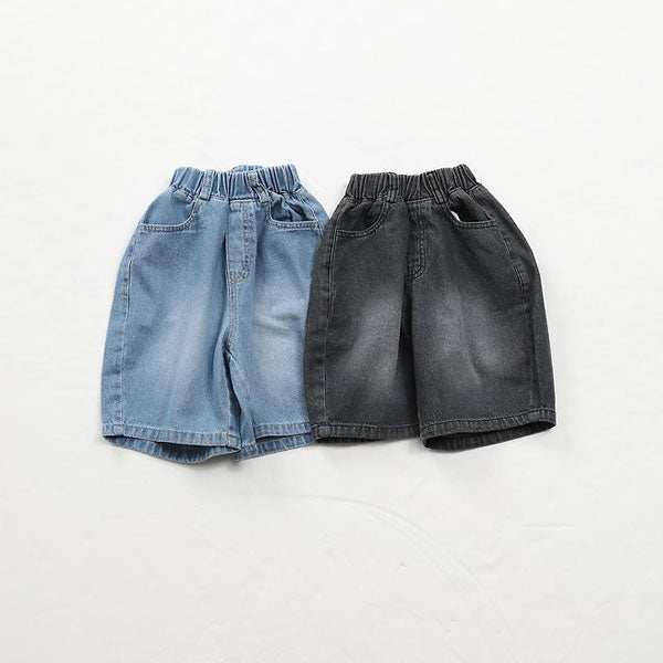 Washed Curve Bermuda Shorts Korean toddler shorts in blue denim made in Korea