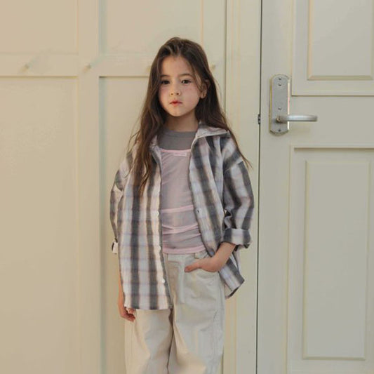 Check Hooded Shacket Korean toddler jacket in gray made in Korea