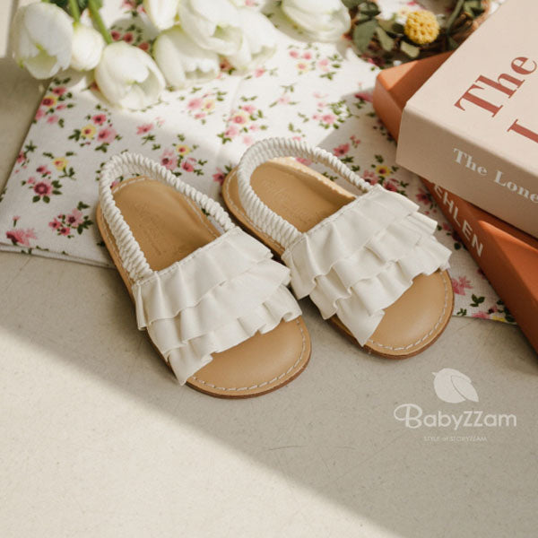 C308 Triple Ruffle Korean infant shoes in white made in Korea